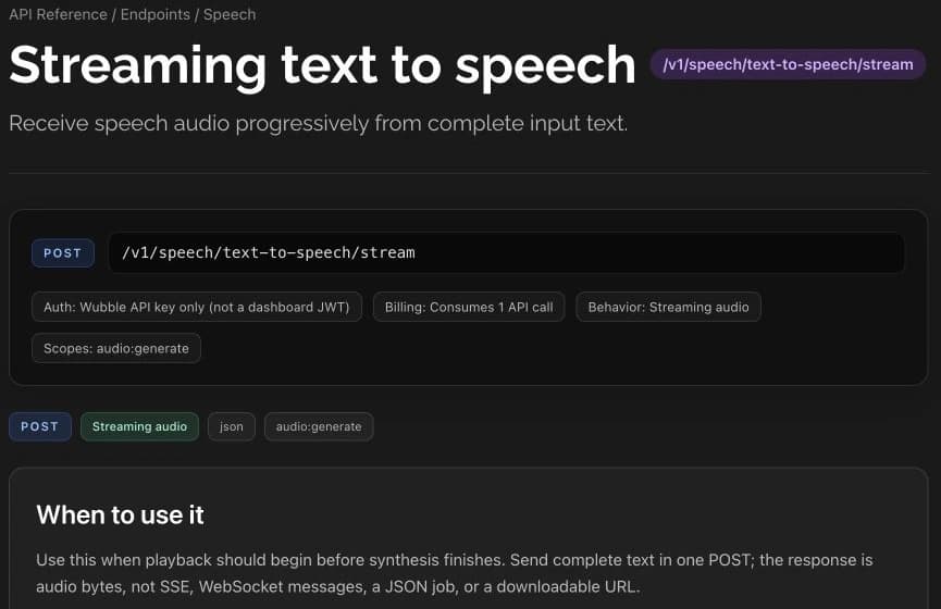 Wubble streaming text-to-speech API reference showing the endpoint, authentication scope and streaming integration overview