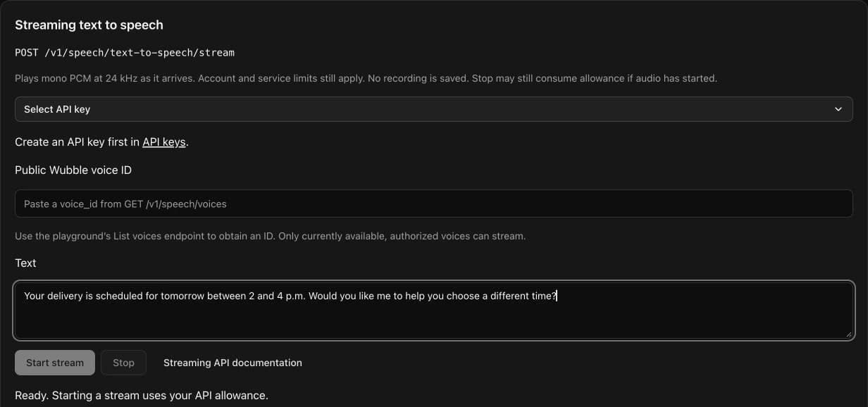 Wubble streaming speech playground showing the API key selector, public voice ID field, reply text and Start stream control