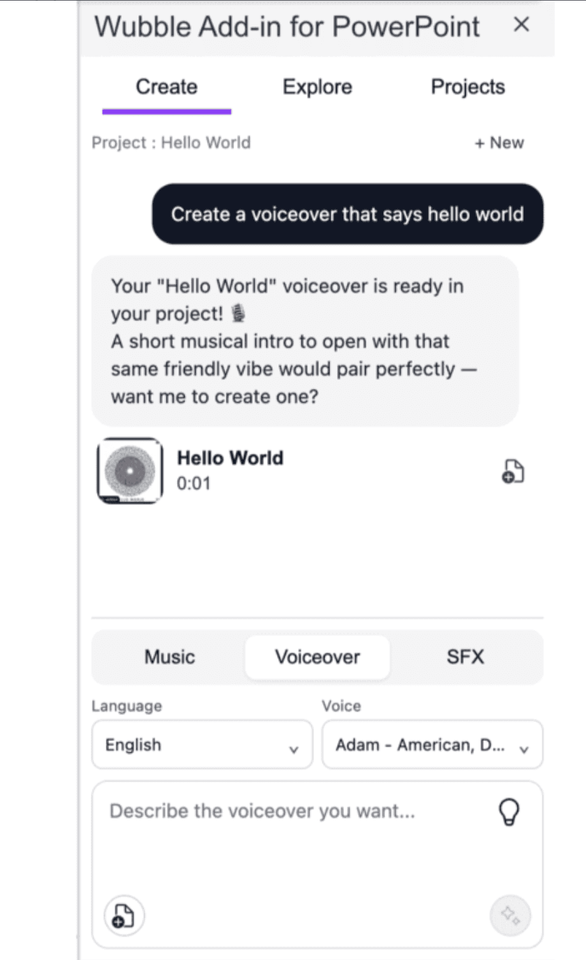 Wubble’s PowerPoint add-in creating a Hello World voiceover through conversation and suggesting a matching musical introduction