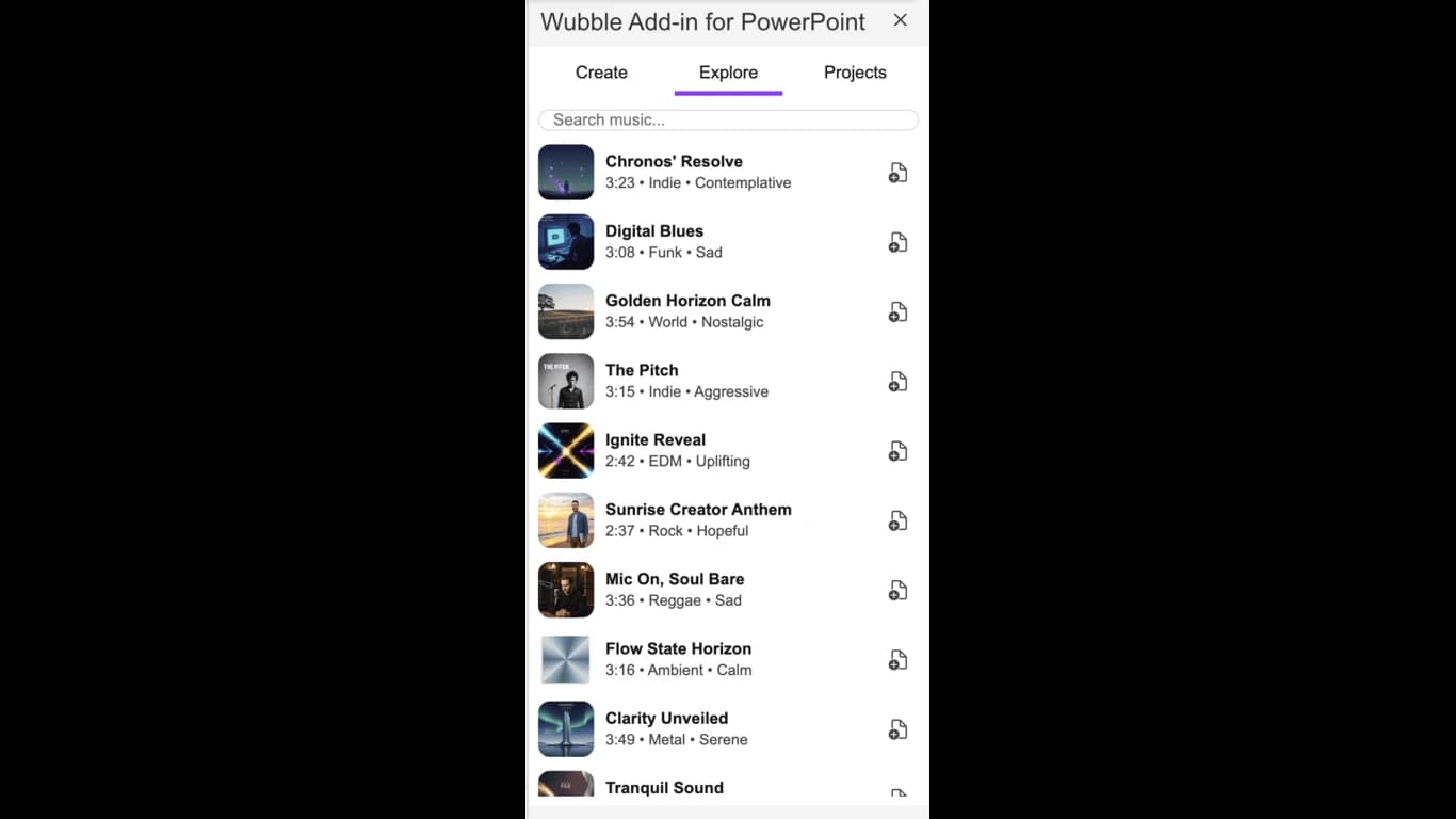 Official Marketplace preview showing the Wubble Add-in for PowerPoint, with Create, Explore and Projects tabs and a list of music tracks