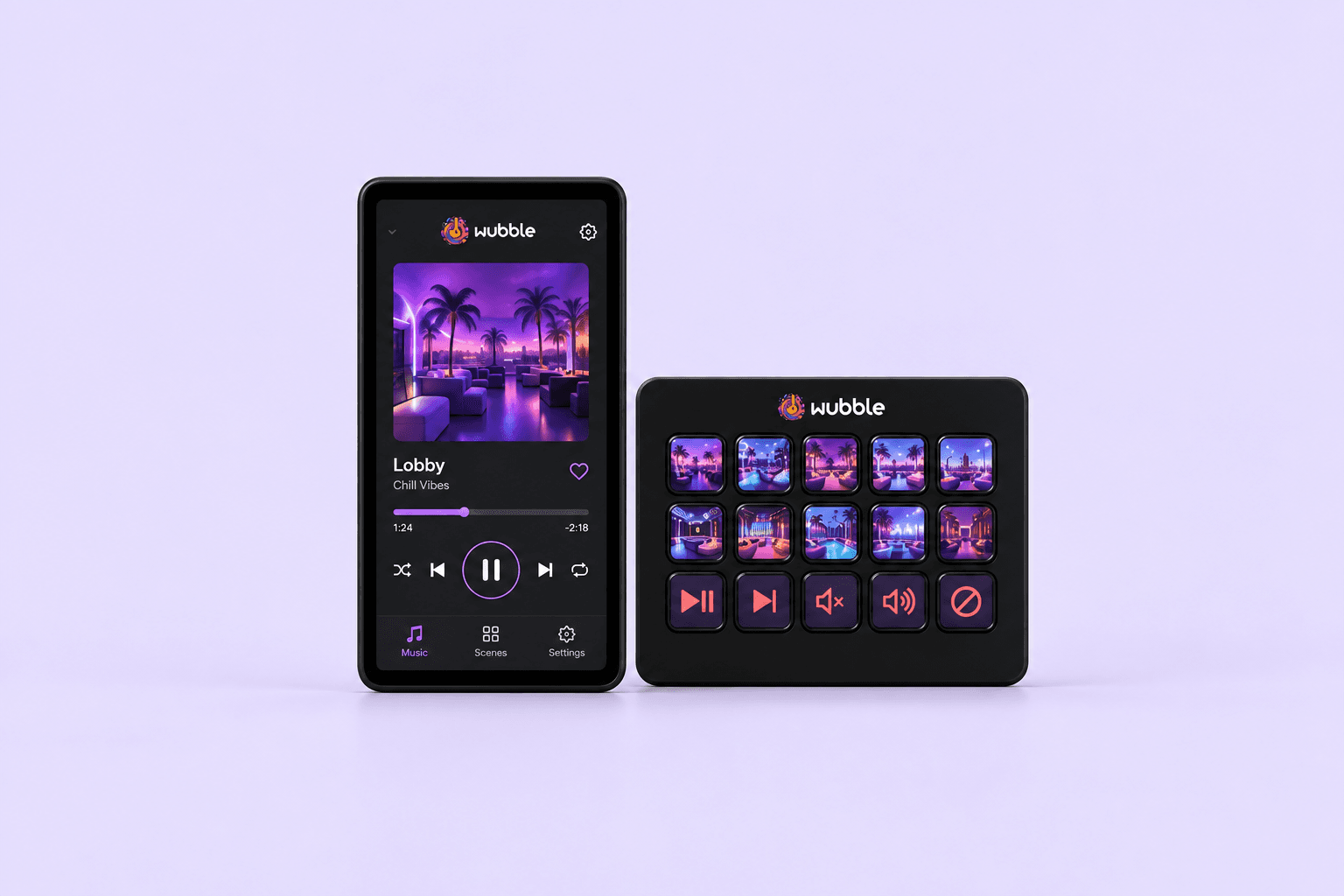 Wubble touchscreen controller and fifteen-key control pad for venue audio.