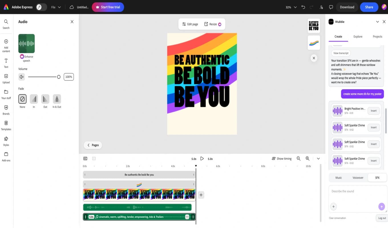 Wubble’s SFX tab in Adobe Express showing short impact and sparkle sound effects after a conversational request for more sounds for the poster