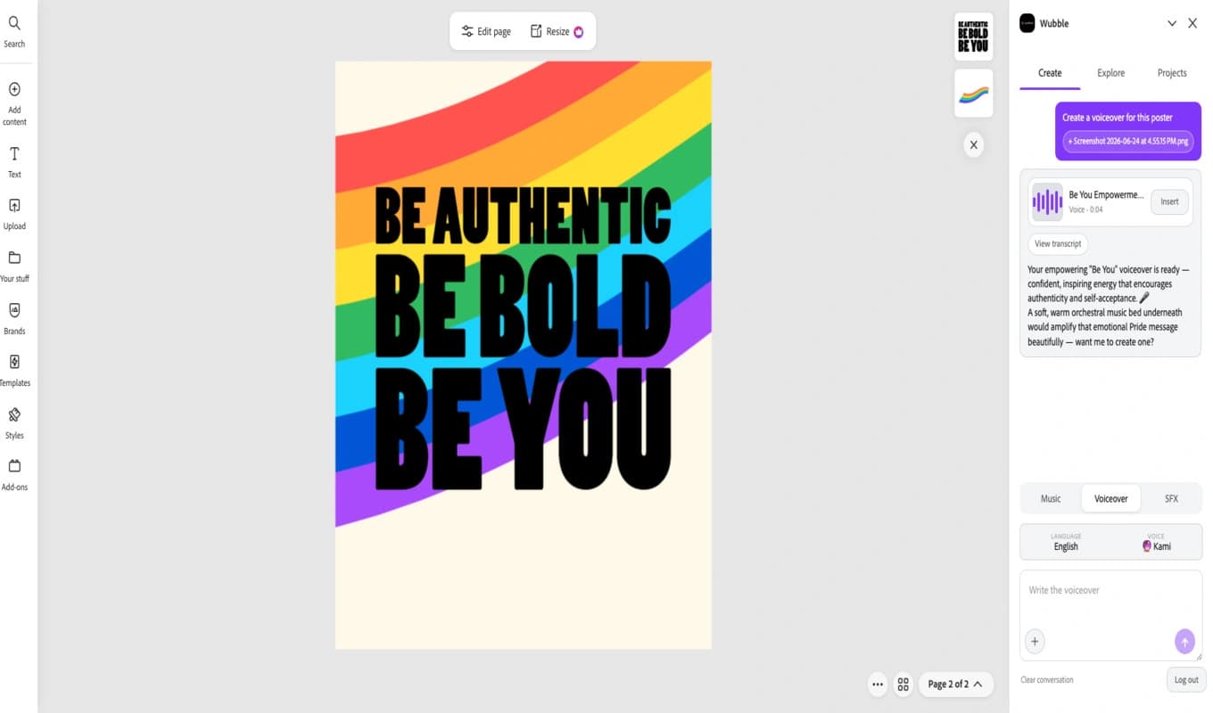 Wubble in Adobe Express responding to “Create a voiceover for this poster” beside a colourful Be Authentic, Be Bold, Be You design