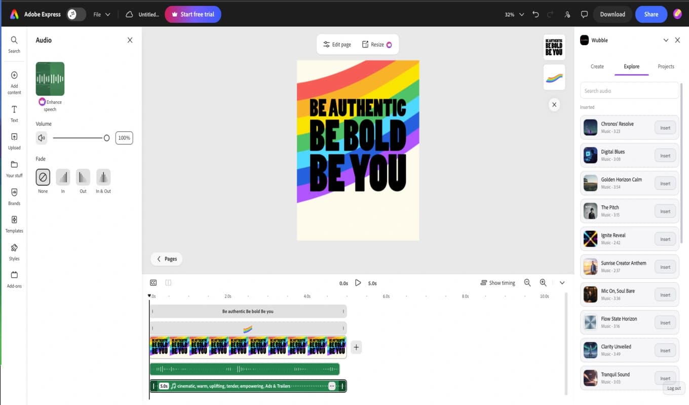 Wubble’s Explore tab displaying a searchable music library with track durations and Insert buttons inside Adobe Express