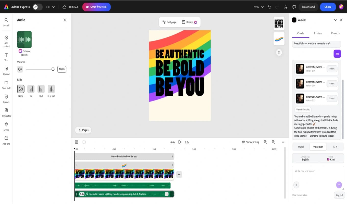 Adobe Express timeline with voiceover and music beneath the poster, while Wubble’s conversation shows audio options with Insert buttons