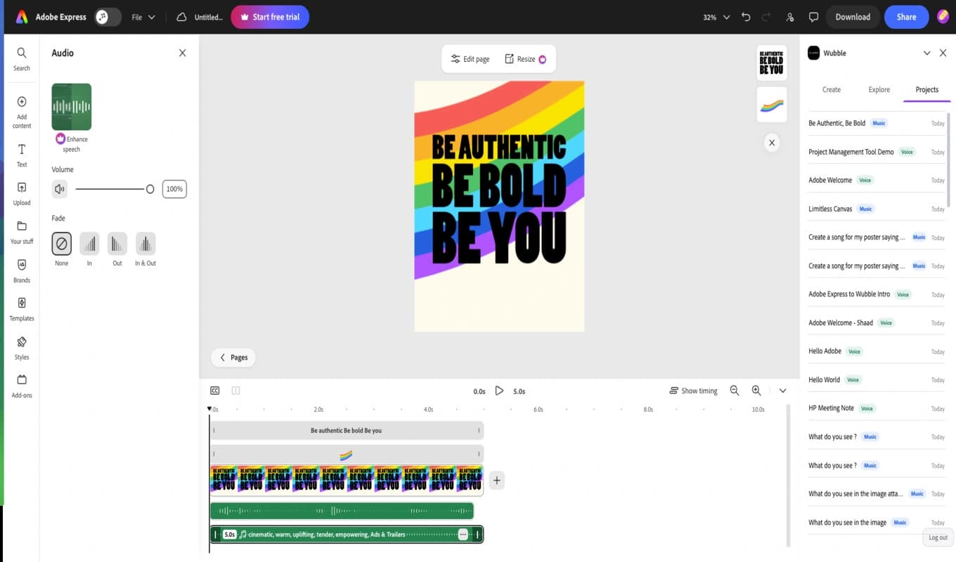 Wubble’s Projects tab listing previous music and voice projects alongside an Adobe Express design and audio timeline