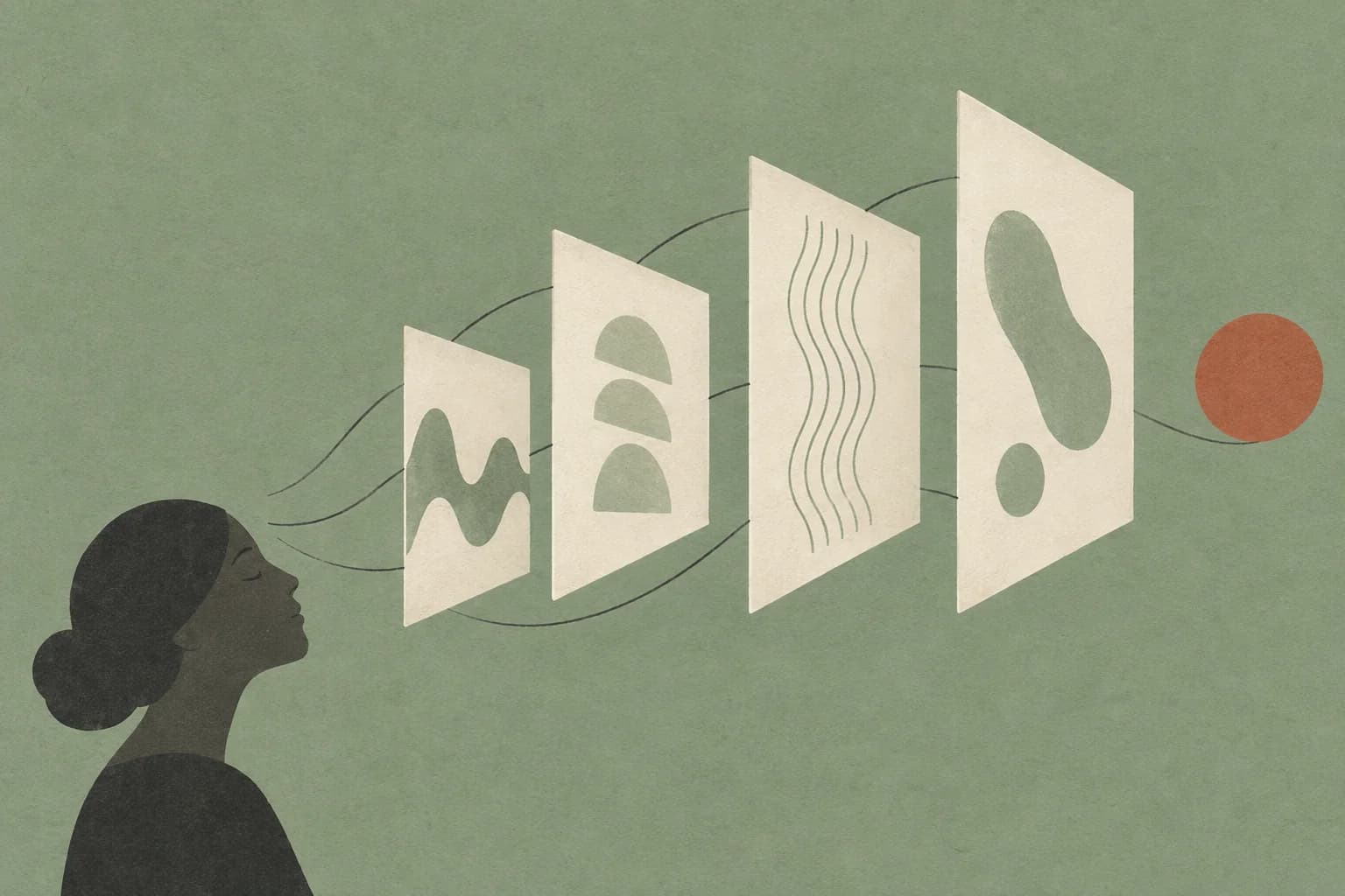 Abstract illustration of separate pale panels opening into a fan on a sage background