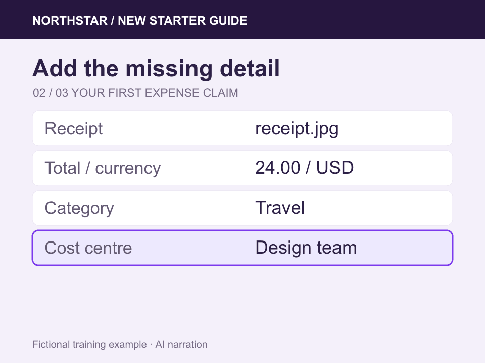 Expense form from the example lesson, with the Cost centre field and Design team value outlined in purple.