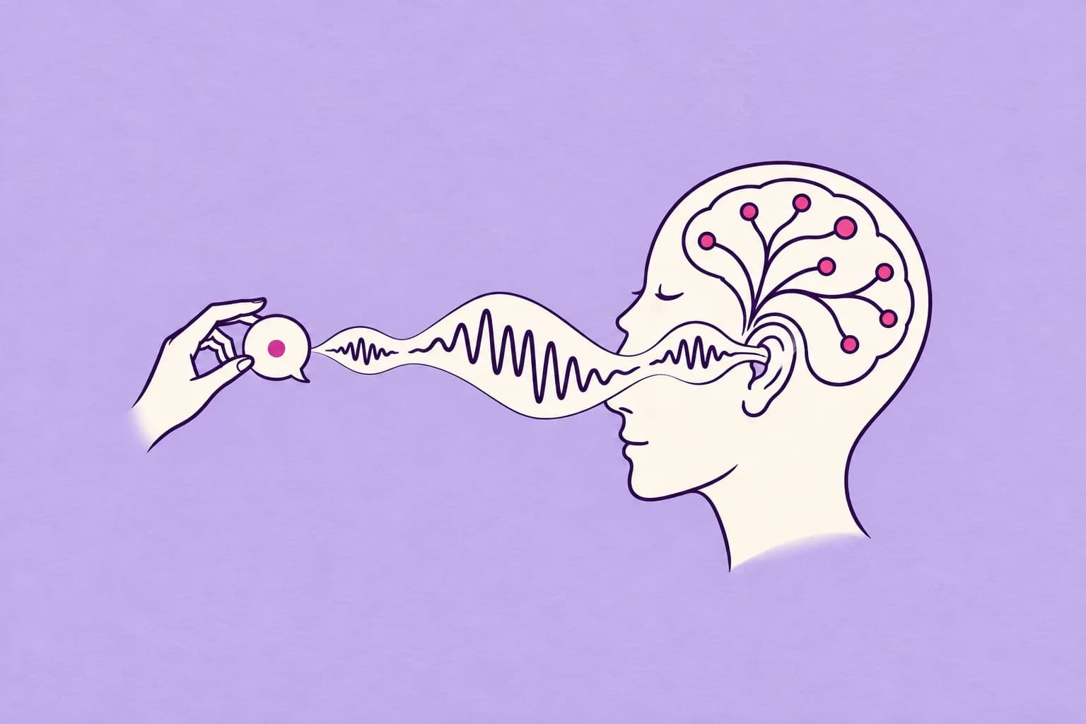 A cream human profile listening, a sound wave reaches its ear and branches into a sparse elegant neural network inside the head