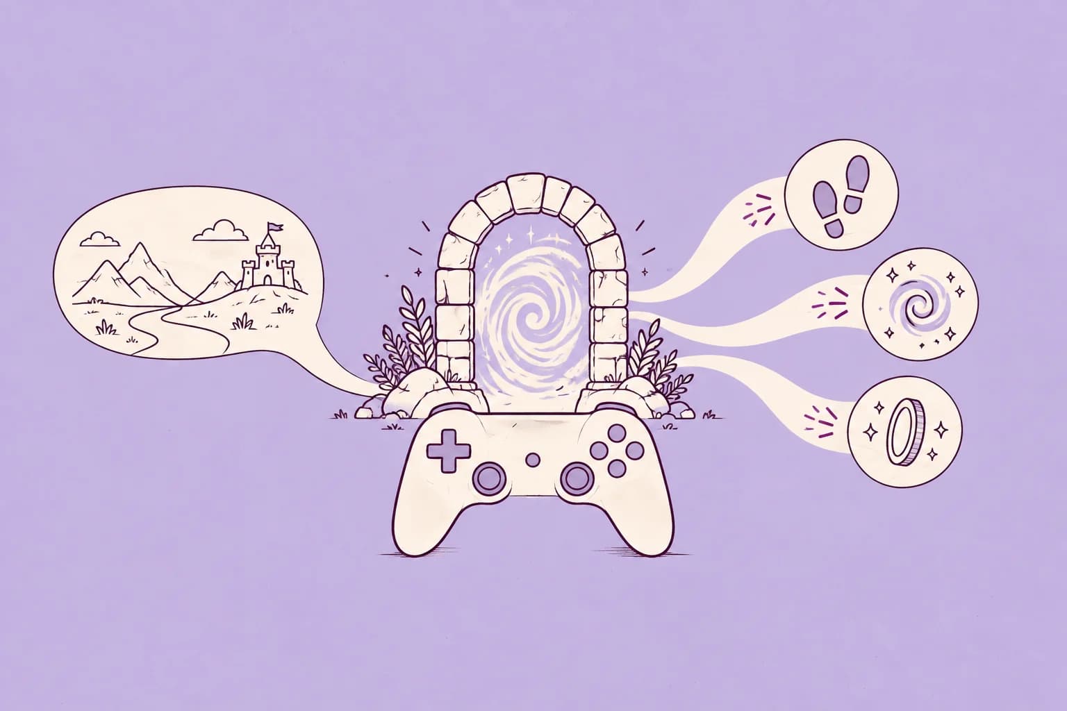 A cream game controller and portal connected to a story bubble, footsteps, energy and a reward coin, illustrated in purple on lavender