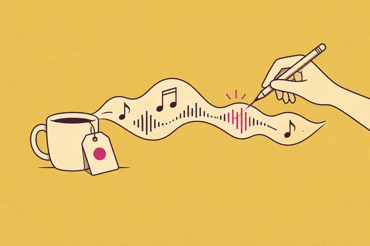 A coffee cup and brand tag connected to a musical ribbon, with a hand editing the sound in purple and cream on gold