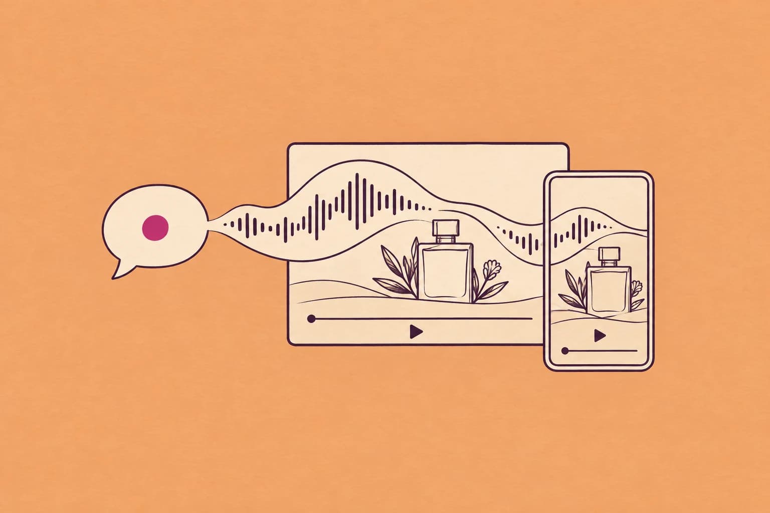 A conversation bubble turns into a soundwave across two fragrance ad screens, illustrated in cream and purple on apricot