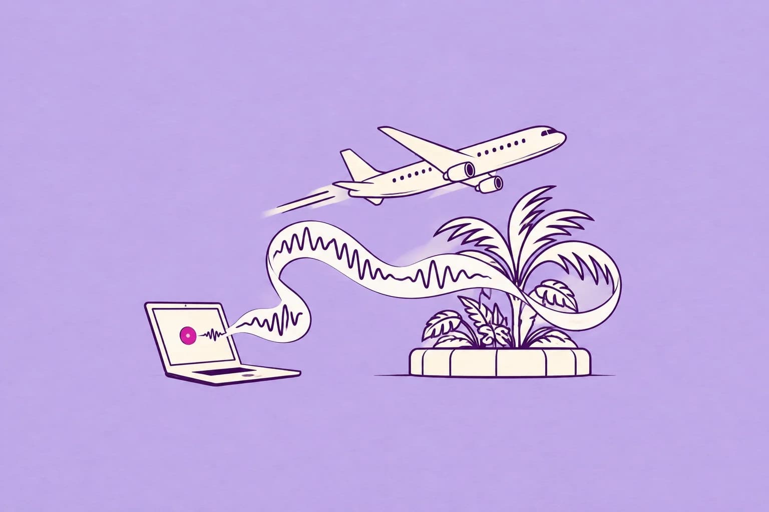 A cream passenger airplane gliding above a flowing musical ribbon which curves around a simple cream palm-leaf-shaped indoor garden