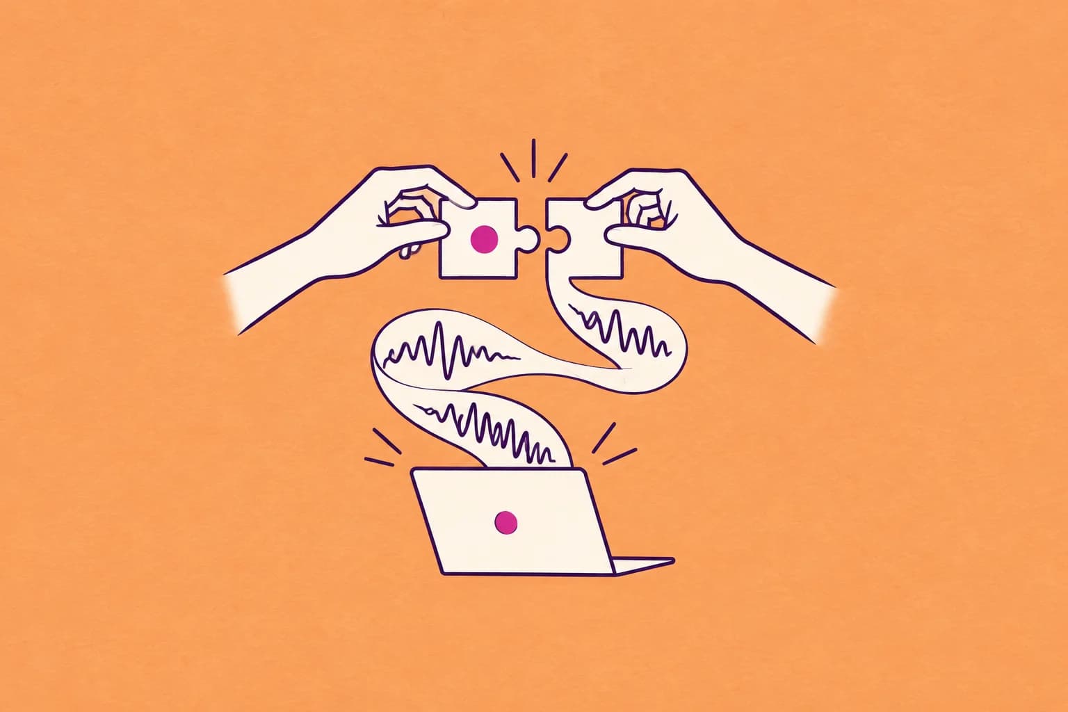 Two simple elegant hands coming together above an open cream laptop, a bright sound ribbon growing out of the laptop