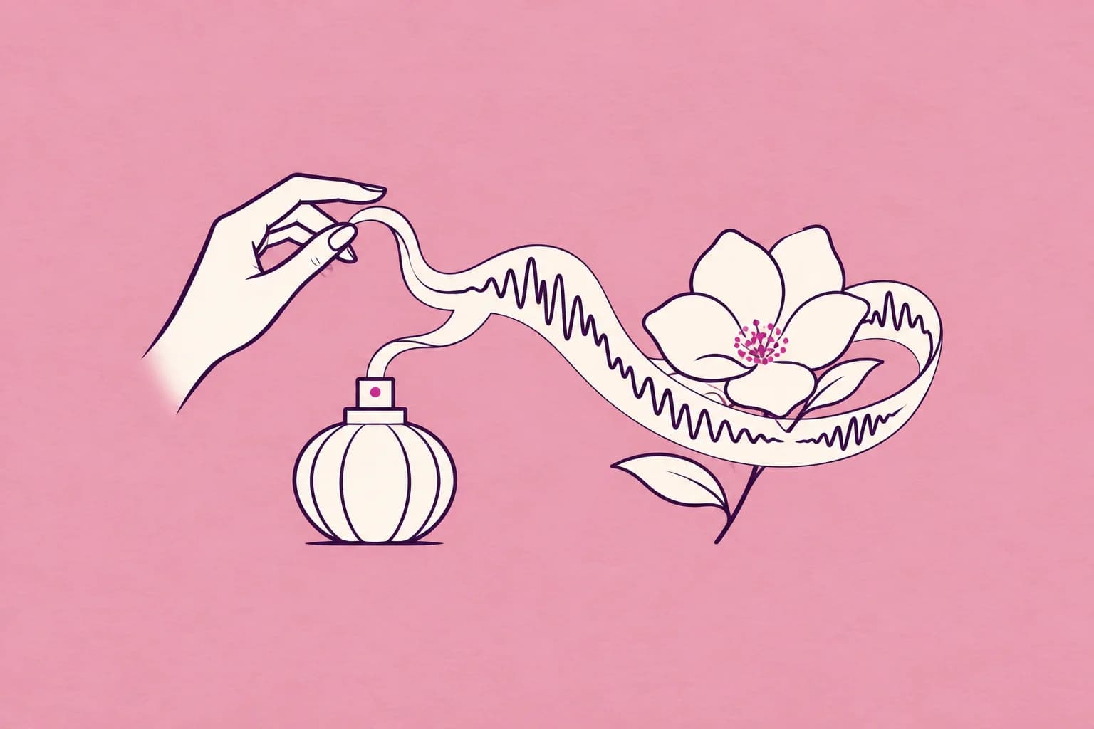 A graceful small unbranded perfume bottle, a hand softly lifting a scent ribbon that turns into a musical waveform and wraps around a single cream flower
