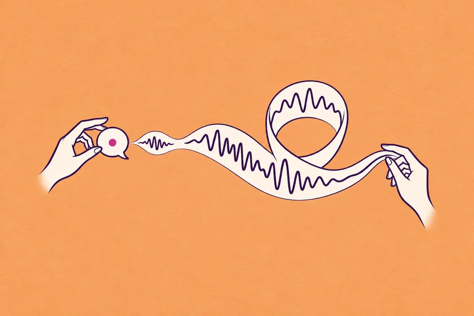 A cream speech bubble releases a short waveform which unfolds into a longer curling sound ribbon, with two gentle hands stretching its ends