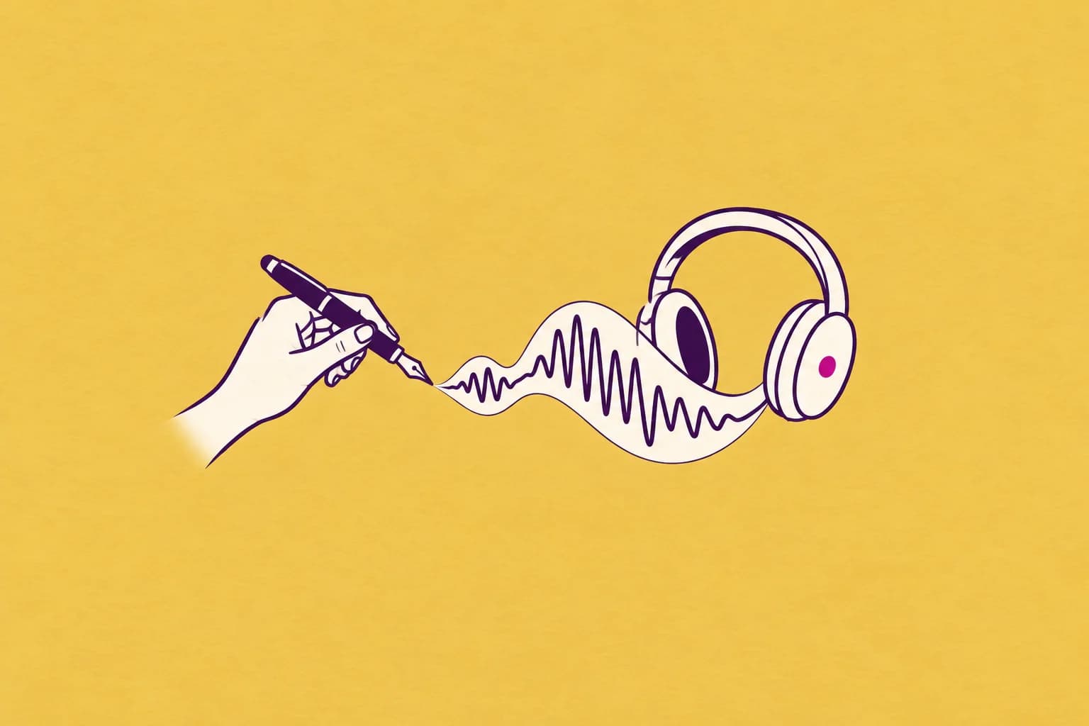 An elegant ink pen held by one hand, its written line transforms into a waveform beside a pair of cream headphones