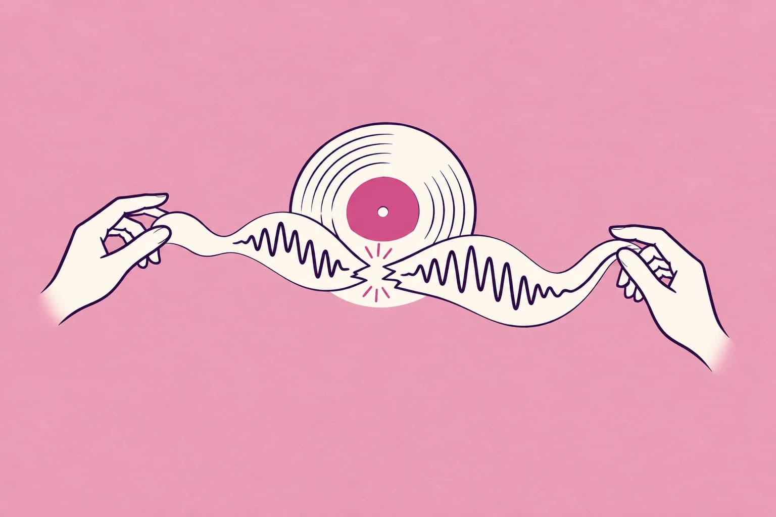 Two hands reconnect separated ends of a flowing cream musical ribbon, a small circular sound record behind it