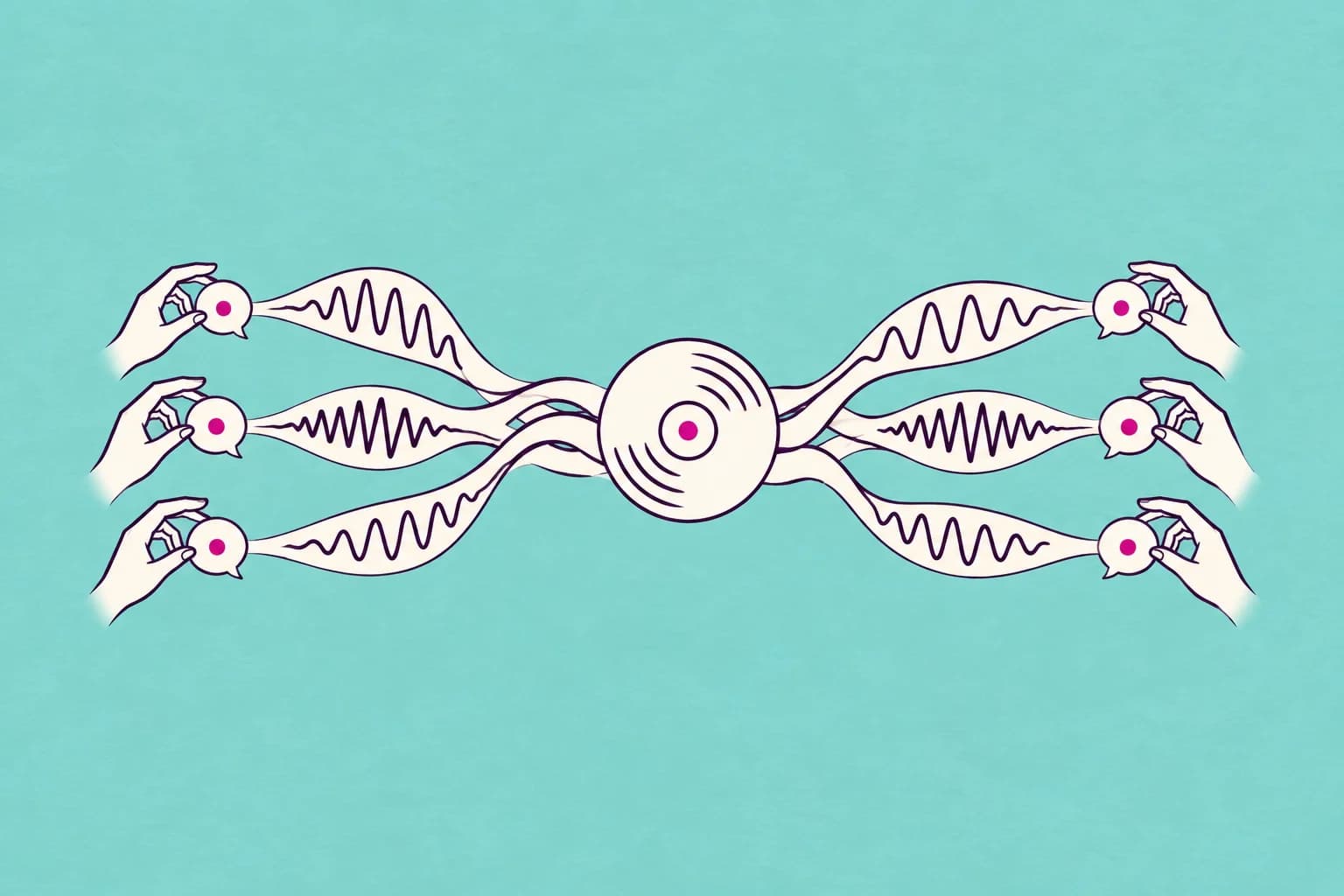 Three separate cream ribbons carrying different rhythms braid into a compact circular audio disc, then separate again