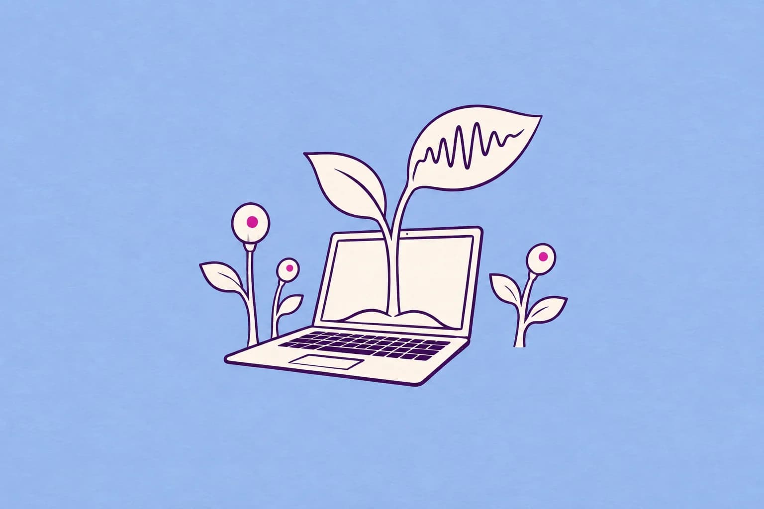 A small cream seedling grows out of an open laptop, surrounded by a few separate simple budding stems, one leaf shaped as a subtle soundwave