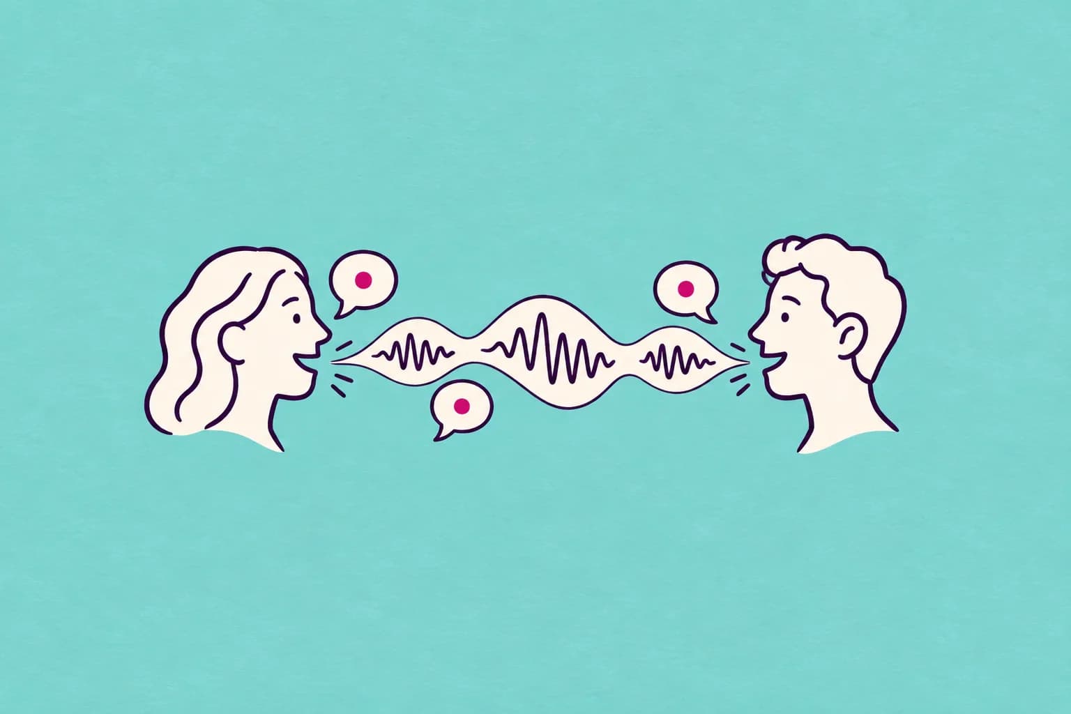 Two minimal cream face profiles facing each other, linked by a flowing speech waveform made of a few connected pulse segments