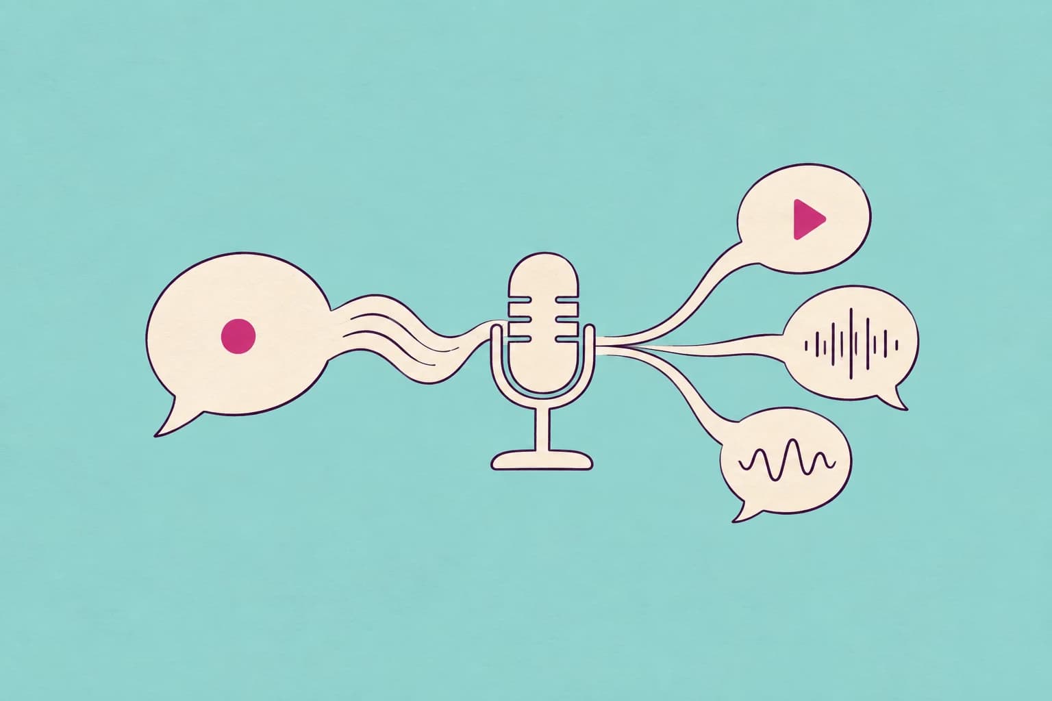 A cream speech bubble becomes a microphone and three voiced messages, illustrated in purple on aqua