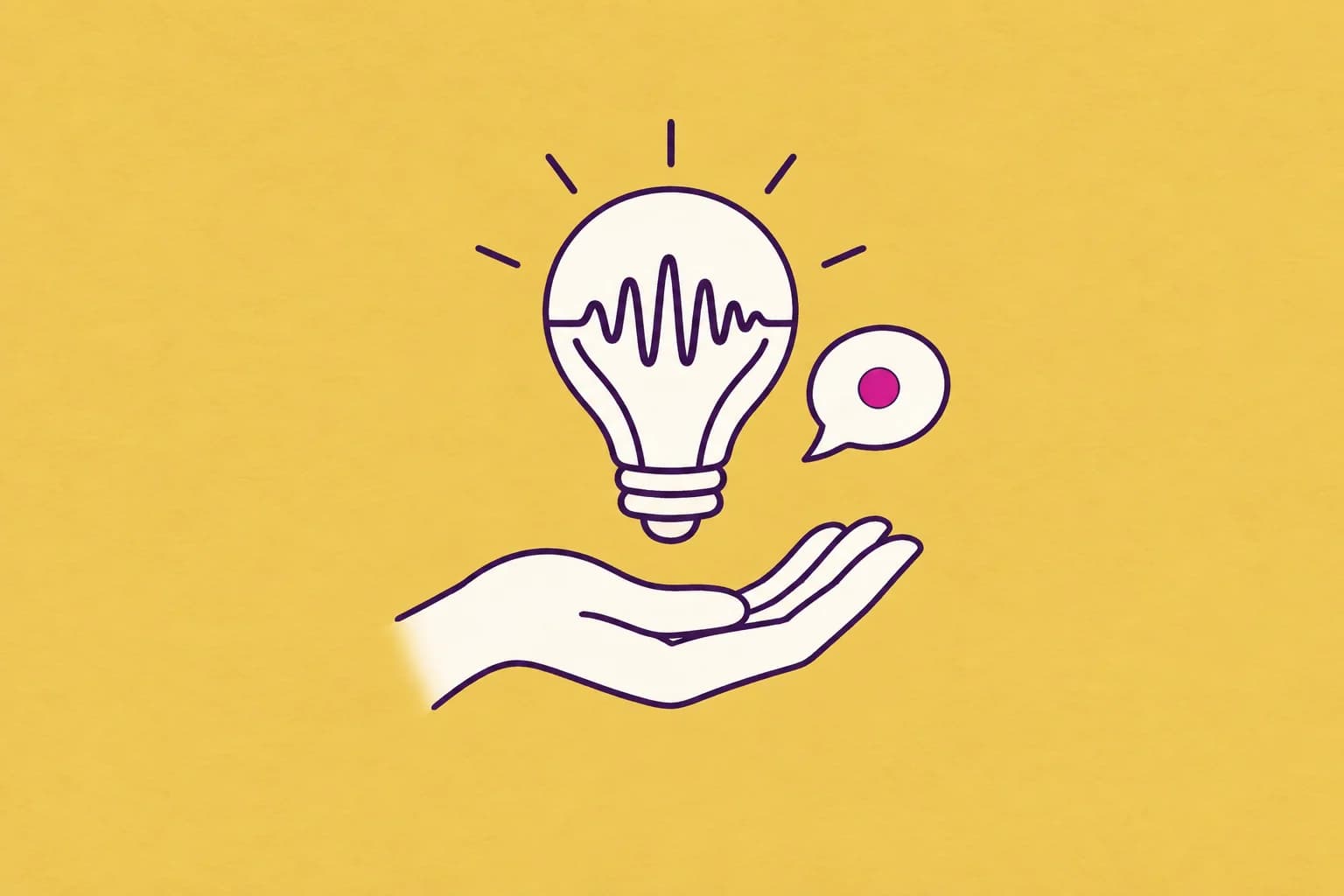 An elegant cream lightbulb with a musical waveform as its filament, an open hand below and a small speech bubble beside it