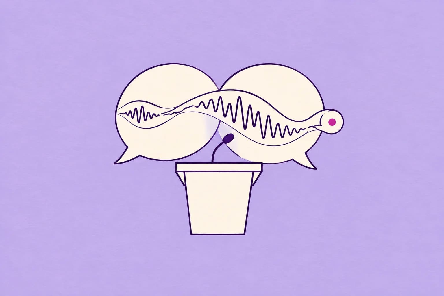 A sparse cream podium with a small microphone, behind it two overlapping conversation shapes and one flowing audio ribbon