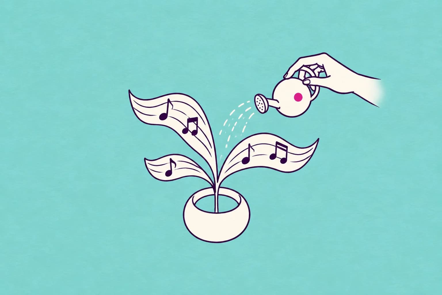 A hand waters a tiny plant whose three cream leaves are flowing musical ribbons, growing from a minimal open circular vessel