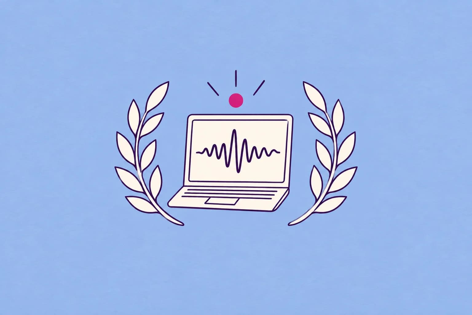 A small cream open laptop with a simple audio wave, framed by two graceful laurel branches and one magenta point