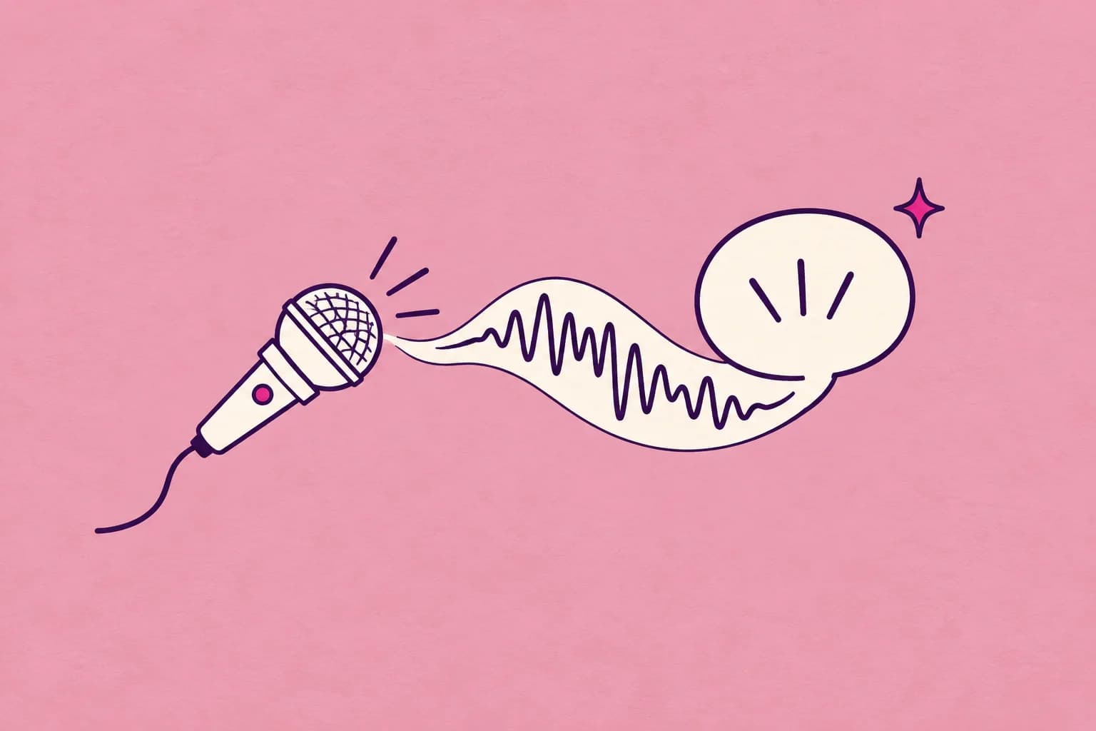 A cream interview microphone facing a cream speech bubble, its tail becomes a flowing soundwave, one tiny star accent