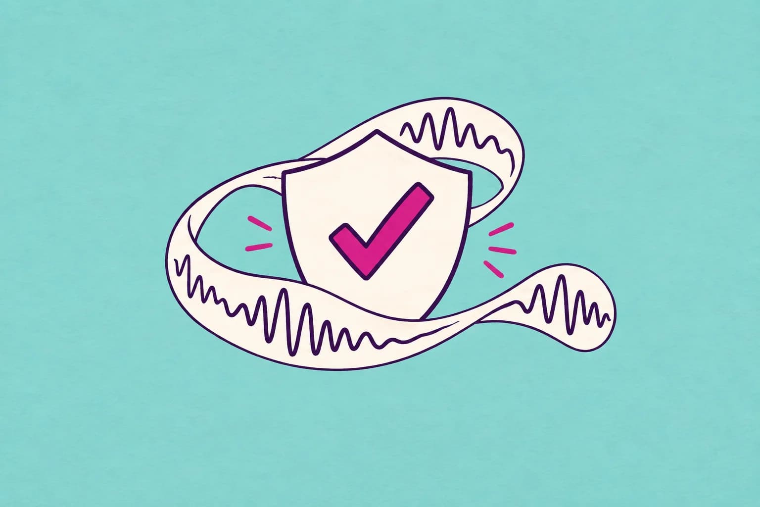 A simple cream shield holding a bold hand-drawn checkmark, embraced by a looping soundwave ribbon