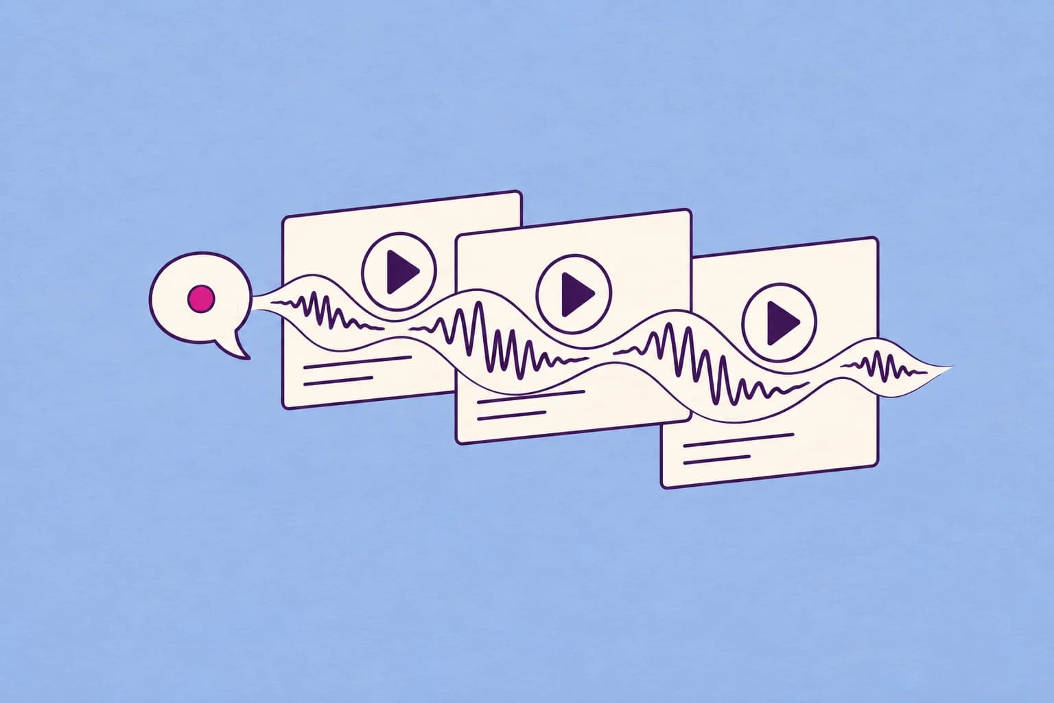 Three overlapping cream presentation slides with a clear simple play triangle