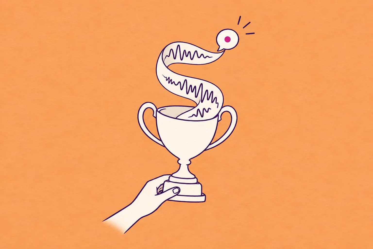 A beautifully simple cream trophy, a musical ribbon curls up through its open cup, one hand lightly holds the base