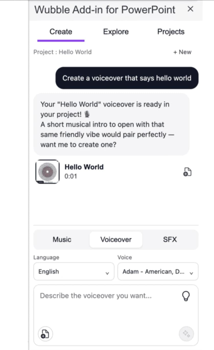 Wubble’s PowerPoint side panel with a Create conversation and a generated Hello World voiceover