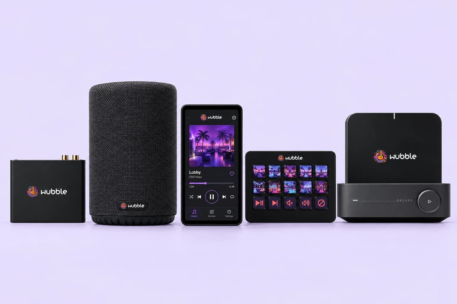 Wubble-branded hardware concepts: a compact venue player, fabric speaker, touchscreen controller, fifteen-key control pad and amplifier.