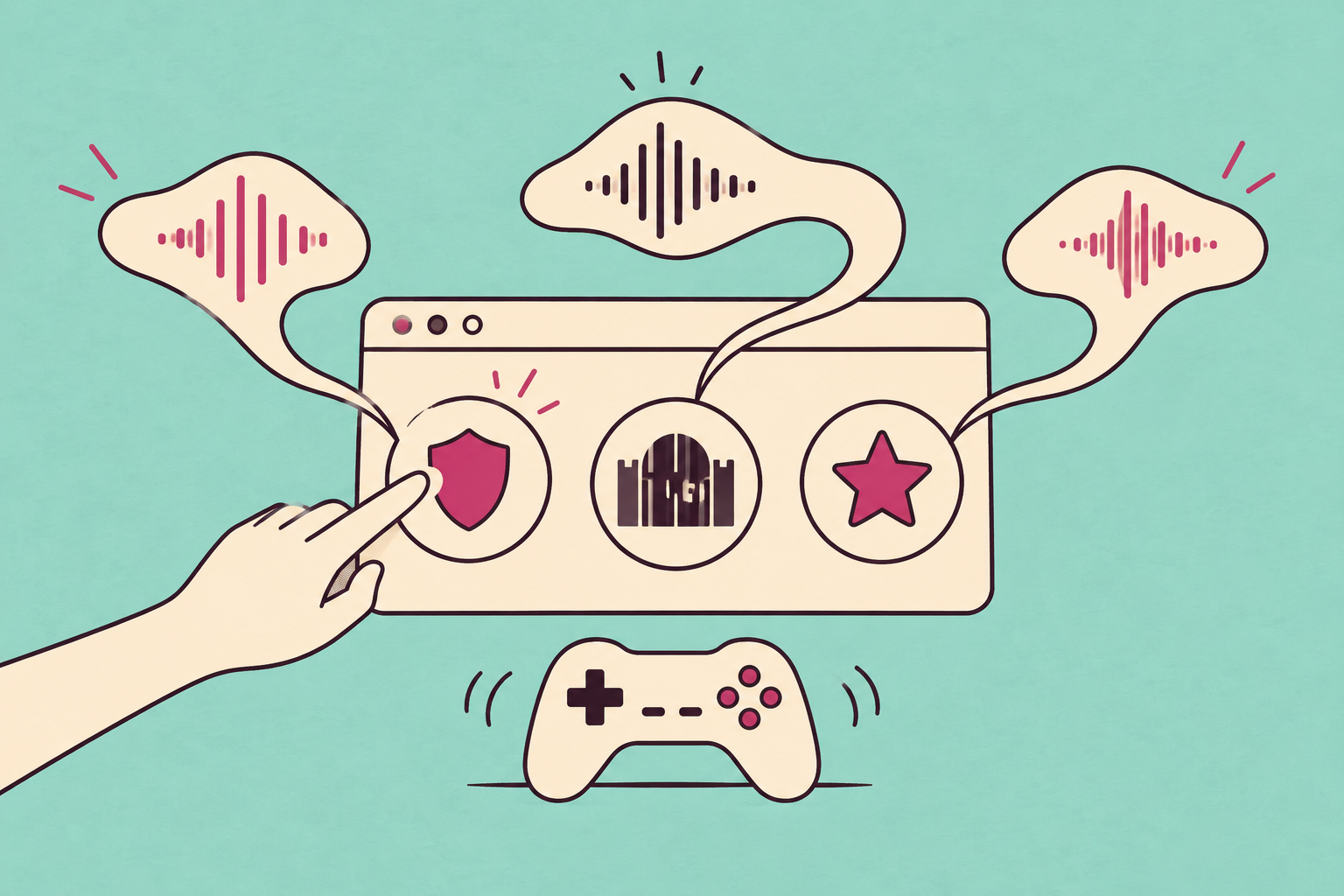 A hand selects a shield in a game menu as three sound ribbons connect actions to feedback, illustrated in cream and plum on aqua