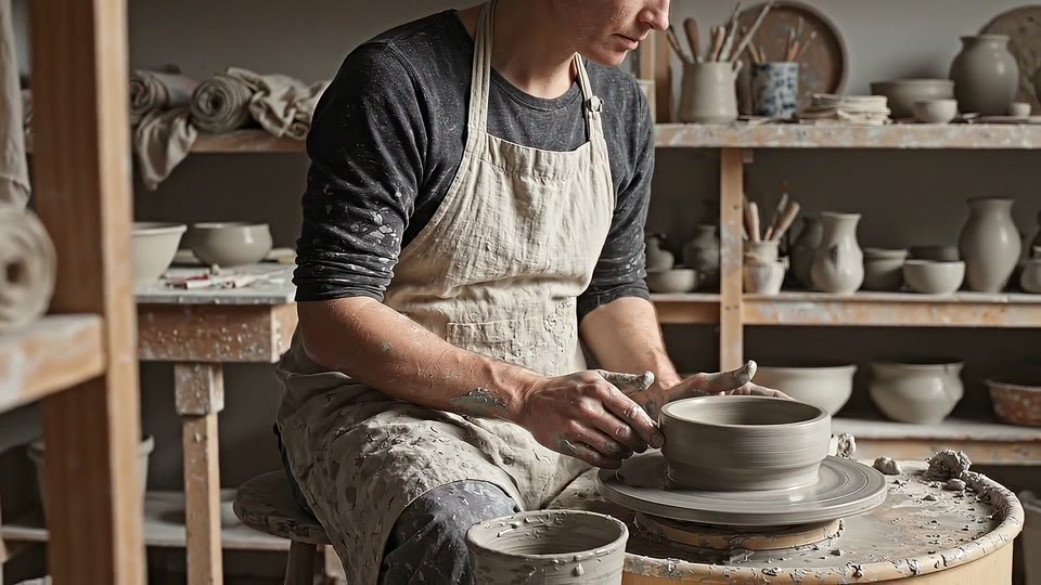 A craftsperson shaping clay in a sunlit pottery workshop