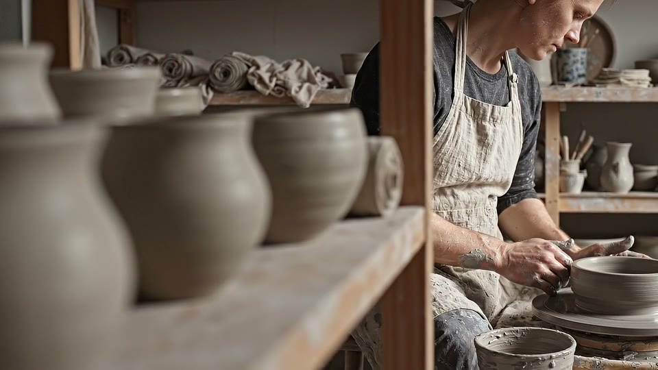 A craftsperson shaping clay in a sunlit pottery workshop