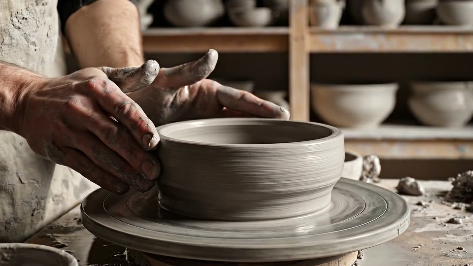 A craftsperson shaping clay in a sunlit pottery workshop