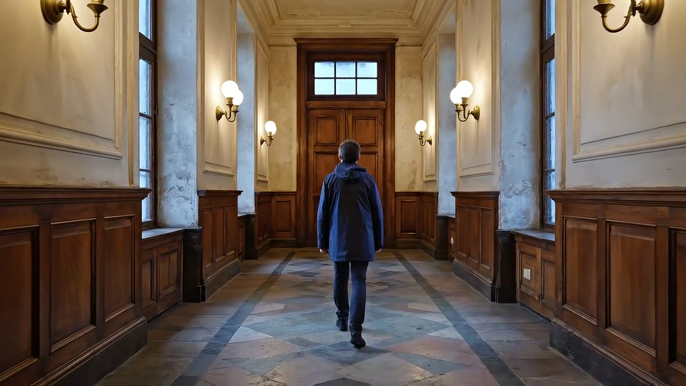A suspense scene in a dim corridor with a close-up of a door handle
