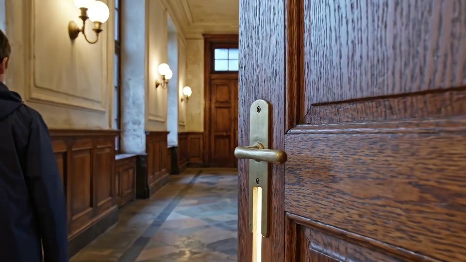 A suspense scene in a dim corridor with a close-up of a door handle
