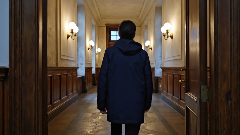 A suspense scene in a dim corridor with a close-up of a door handle