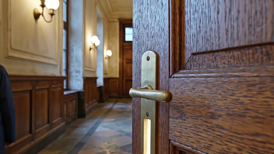 A suspense scene in a dim corridor with a close-up of a door handle