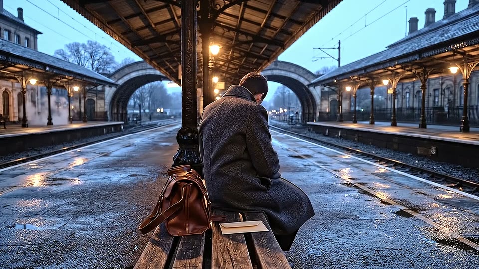 A cinematic trailer built around a night-station passenger, an envelope and a passing train