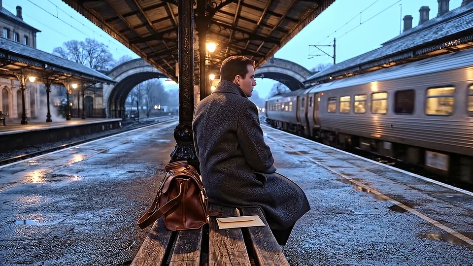 A cinematic trailer built around a night-station passenger, an envelope and a passing train